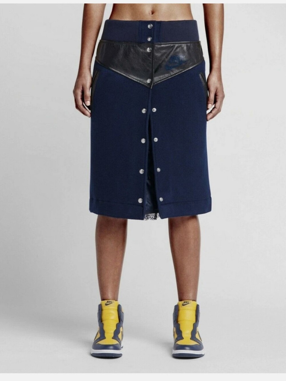 NikeLab x Sacai Windrunner Wool & Leather Trim Skirt Navy Small EUC